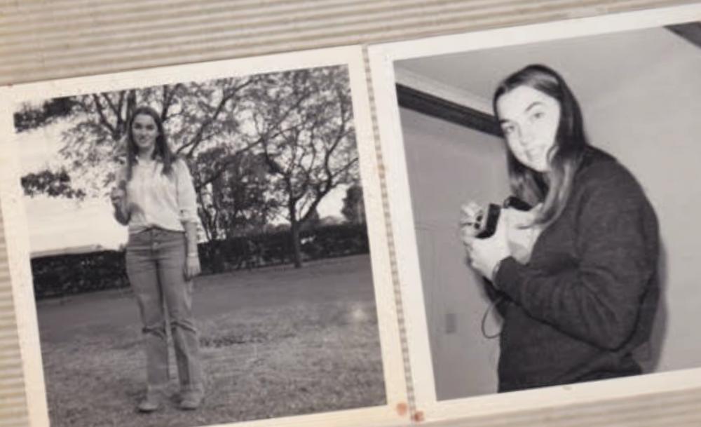 Two photo of a young woman stands outdoors, with a drink; on the right, she smiles indoors, with a camera.